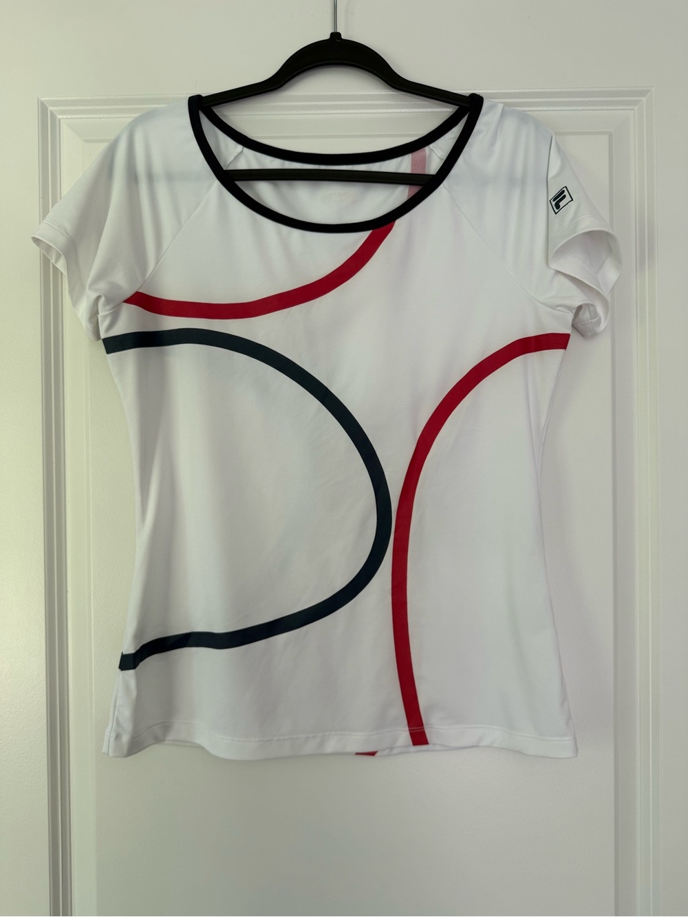 Fila Women's White Short Sleeve Tee with Red and Navy Curved Stripe Design